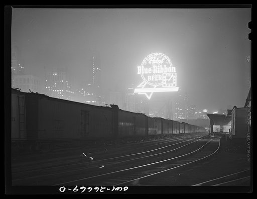 Chicago, Illinois. Night view of part of the South Water Street freight terminal of the Illinois Central Railroad