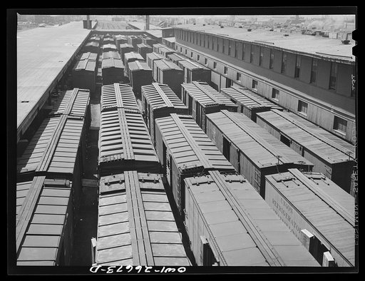 Chicago, Illinois. Freight cars at the Galewood freight terminal of the Chicago, Milwaukee, Saint Paul and Pacific Railroad