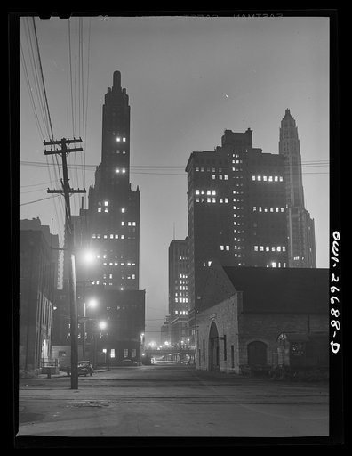 Chicago, Illinois. Office buildings seen from the South Water Street freight terminal of the Illinois Central Railroad