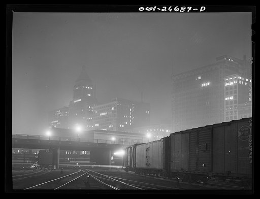 Chicago, Illinois. Night view of part of the South Water Street freight terminal of the Illinois Central Railroad