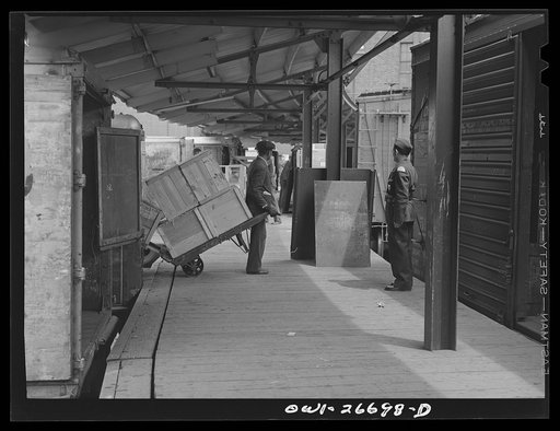 Chicago, Illinois. Guard on duty on the freight platform at the United States Army consolidating station