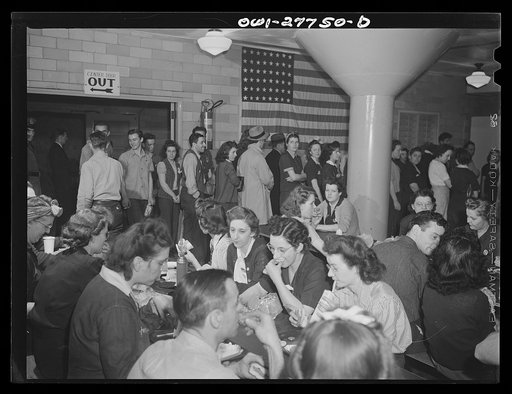 Bell Aircraft Corporation, Niagara Falls, New York. Employees eating during their half hour lunch period in the plant-operated cafeteria