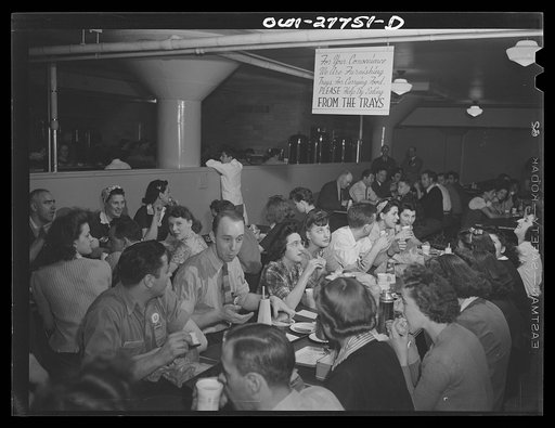 Bell Aircraft Corporation, Niagara Falls, New York. Employees eating during their half hour lunch period in the plant-operated cafeteria