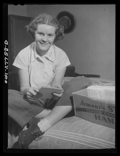 Niagara Falls, New York. Nan Hannegan, a nineteen-year-old chemical operator at the Niacet chemical company, earning thirty-nine dollars a week, corresponds with about twenty-six servicemen. She is engaged to an Army man
