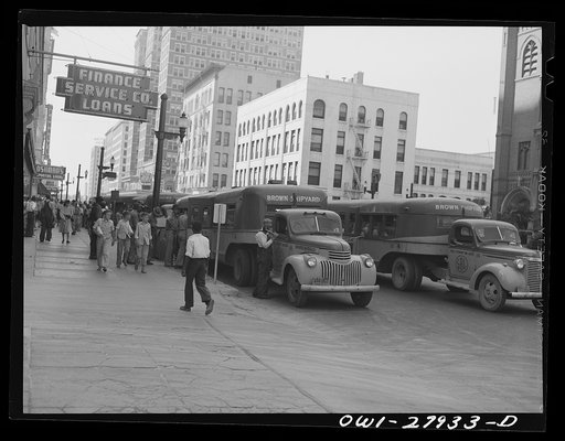 Untitled photo, possibly related to: Houston, Texas. Buses for shipyard workers