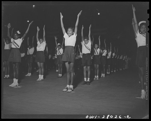 Washington, D.C. With "Victory through good health" as a slogan, Negro schools held a show at the Uline arena stressing the importance of physical fitness in wartime and demonstrating their physical education programs. Fourth and fifth grade children take part in the physical education show