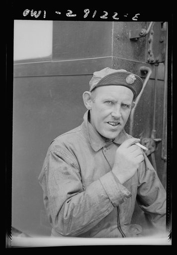 An American soldier trainman has the insignia of the United States Army on the visor of his cap. He is somewhere in Iran