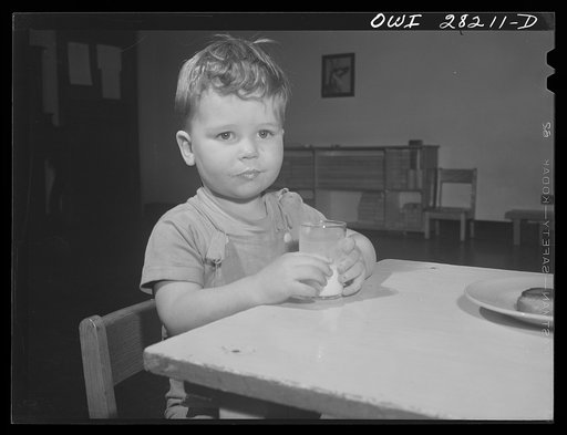 Buffalo, New York. Lakeview nursery school for children on working mothers, operated by the Board of Education at a tuition fee of three follars weekly. Gary at mid-afternoon lunch of milk and zweibach