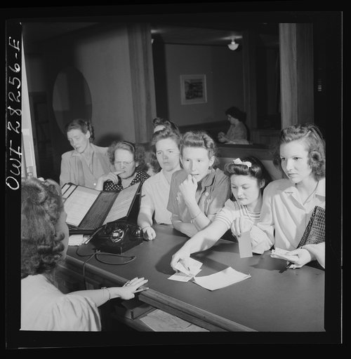 Arlington Farms, war duration residence halls. Waiting for letters at the mail desk. Idaho Hall, Arlington Farms