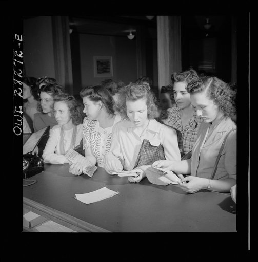 Arlington Farms, war duration residence halls. Waiting for and opening letters at the mail desk. Idaho Hall, Arlington Farms