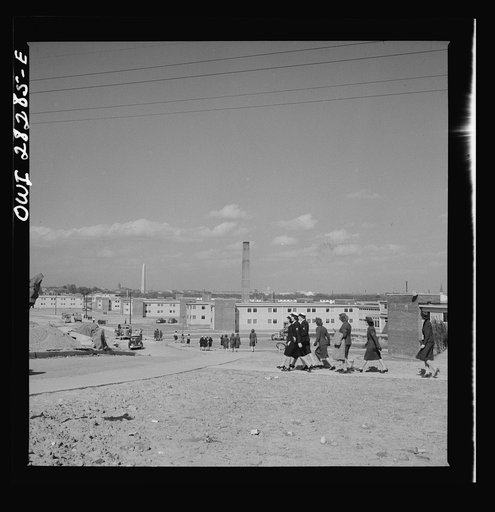 Arlington Farms, war duration residence halls. Waves and Marines coming home from work to their quarters at Arlington Farms