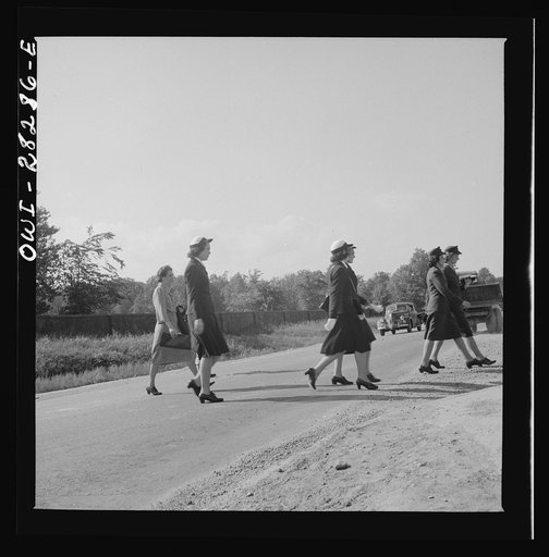 Arlington Farms, war duration residence halls. Waves and Marines coming home from work to their quarters at Arlington Farms