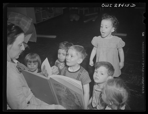 Buffalo, New York. Lakeview nursery school for children of working mothers, operated by the Board of Education at the tuition fee of three dollars weekly. Reactions to Mother Goose during morning play period