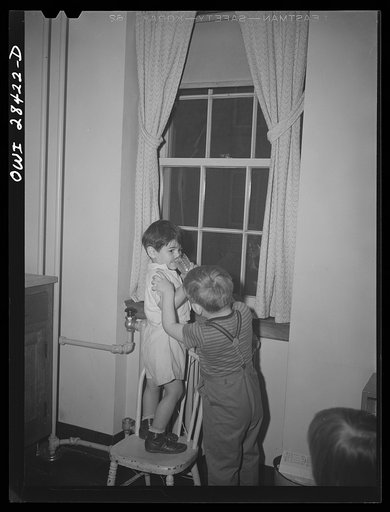 Buffalo, New York. Lakeview nursery school for children of working mothers, operated by the Board of Education at a tuition fee of three dollars weekly. After the health examination, children drink a glass of water