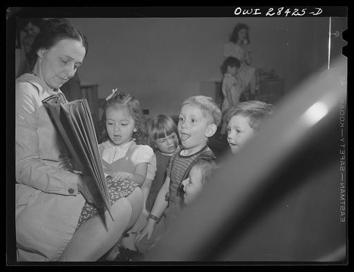 Buffalo, New York. Lakeview nursery school for children of working mothers, operated by the Board of Education at a tuition fee of three dollars weekly. Reactions to Mother Goose during morning play period