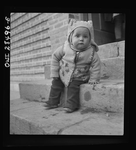 Teheran, Iran. Tiny Pole sitting in the dormitory step of a United States Red Cross evacuee camp