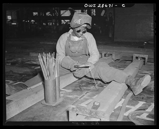 Kaiser shipyards, Richmond, Calif. 1943. Welder-trainee Josie Lucille Owens helping to construct the Liberty ship SS George Washington Carver