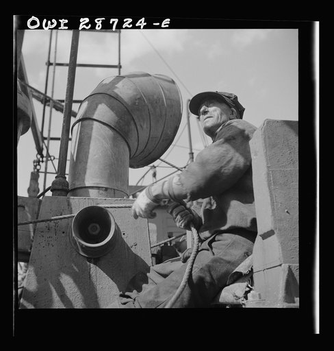 New York, New York. A hoister unloading fish at Fulton fish market