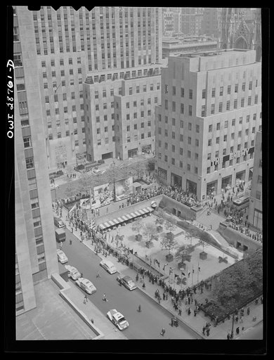 New York, New York. Exhibit at the outdoor exhibition entitled "The Nature of the Enemy," held on the plaza of Rockefeller Center. View from the top of Rockefeller Center