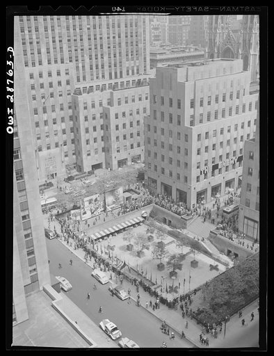 New York, New York. Exhibit at the outdoor exhibition entitled "The Nature of the Enemy," held on the plaza of Rockefeller Center. View from the top of Rockefeller Center