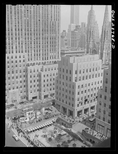 Untitled photo, possibly related to: New York, New York. Exhibit at the outdoor exhibition entitled "The Nature of the Enemy," held on the plaza of Rockefeller Center. View from the top of Rockefeller Center