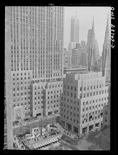 New York, New York. Exhibit at the outdoor exhibition entitled "The Nature of the Enemy," held on the plaza of Rockefeller Center. View from the top of Rockefeller Center