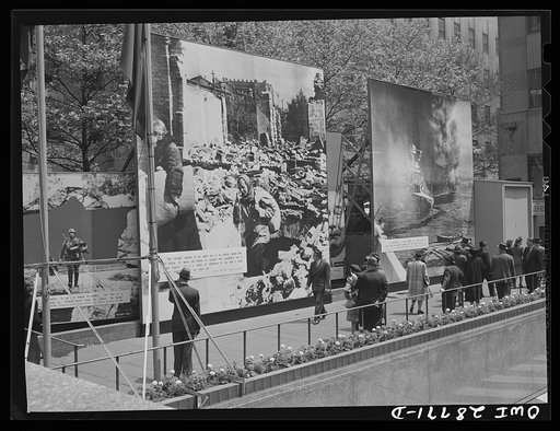 Untitled photo, possibly related to: New York, New York. Exhibit at the outdoor exhibition entitled "The Nature of the Enemy," held on the plaza of Rockefeller Center