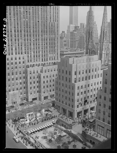 New York, New York. Exhibit at the outdoor exhibition entitled "The Nature of the Enemy," held on the plaza of Rockefeller Center. View from the top of Rockefeller Center
