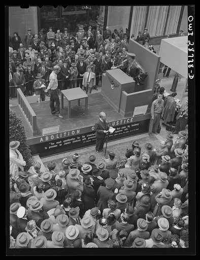 Untitled photo, possibly related to: New York, New York. Exhibit at the outdoor exhibition entitled "The Nature of the Enemy," held on the plaza Rockefeller Center. View from the top of Rockefeller Center"