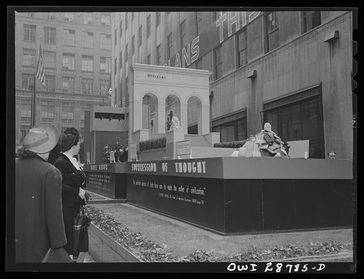 Untitled photo, possibly related to: New York, New York. Exhibit at the outdoor exhibition entitled "The Nature of the Enemy," held on the plaza of Rockefeller Center