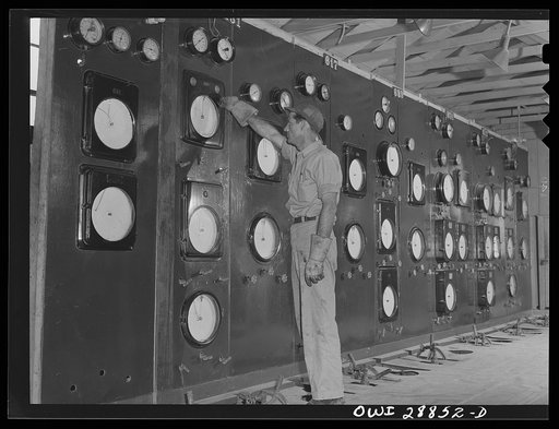 Untitled photo, possibly related to: Freeport Sulphur Company, Hoskins Mound, Texas. Control room at a relay station for the flow of sulphur from the wells to the vats