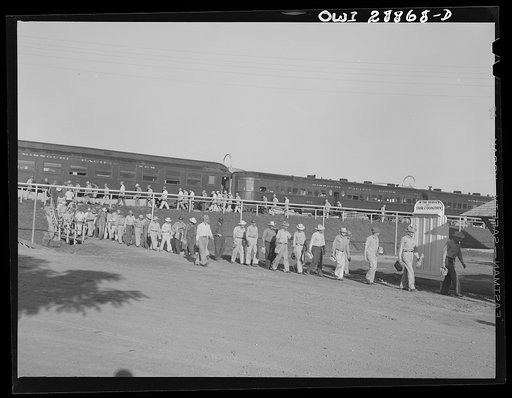 Freeport Sulphur Company, Hoskins Mound, Texas. Sulphur workers arriving at the plant