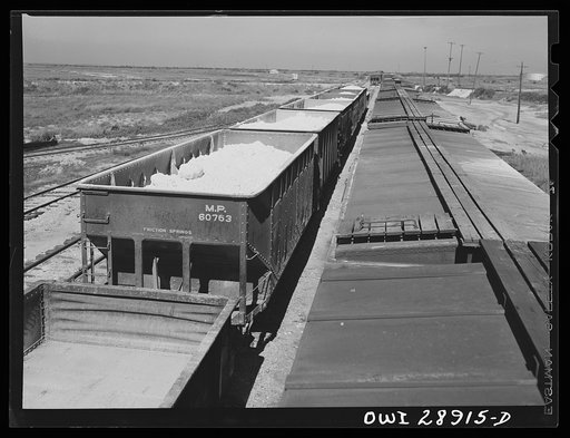 Freeport Sulphur Company, Hoskins Mound, Texas. Open cars and boxcars loaded with sulphur