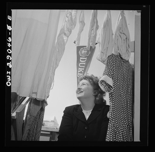 Untitled photo, possibly related to: Arlington, Virginia. A common scene in a room at Idaho Hall, Arlington Farms, a residence for women who work in the United States government for the duration of the war. There is a shortage of space in the laundries, therefore the rooms are usually festooned with