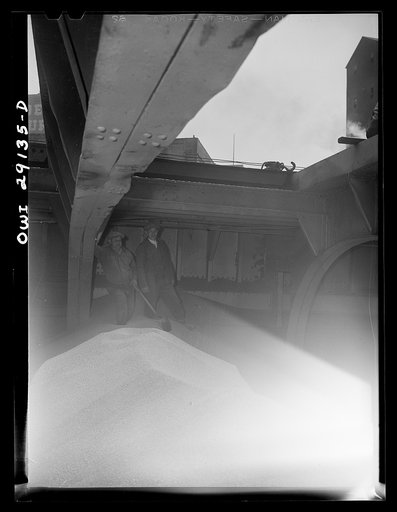 Untitled photo, possibly related to: Buffalo, New York. Inside the half-empty hold of a grain boat from Duluth which is unloading wheat at a grain elevator for the Erie Canal. In the extreme background the "leg" draws wheat into the tower by means of an endless belt of buckets. A shovel rigged up on