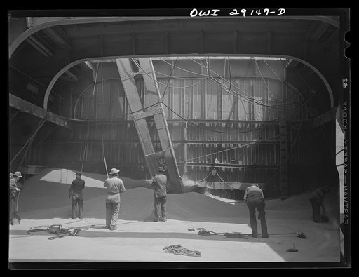 Buffalo, New York. Inside the nearly-emptied hatch of a Duluth grain boat unloading wheat in a grain elevator on the Erie Canal. Men who work here are called scoopers. Here they are guiding the ropes of a shovel which scoops grain into the range of the "leg" which draws grain into the tower on an en