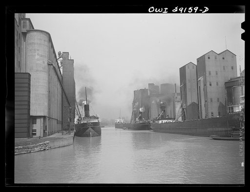 Buffalo, New York. Grain elevators and railroad yards near the Erie Canal