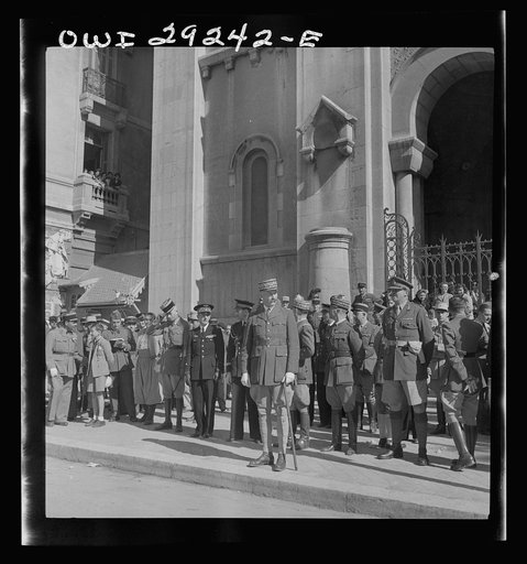 Tunis, Tunisia. General Giraud reviewing the victorious Franch troops as they enter Tunis