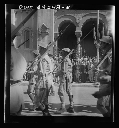 Tunis, Tunisia. General Giraud reviewing the victorious French troops as they enter Tunis