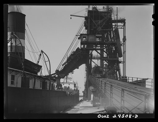 Sandusky, Ohio. Loading coal into a lake freighter at one of the Pennsylvania Railroad coal docks
