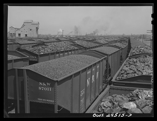 Sandusky, Ohio. Looking across the Pennsylvania Railroad docks from number one dock to number three dock. In the background, a switch engine is bringing in a trainload of coal