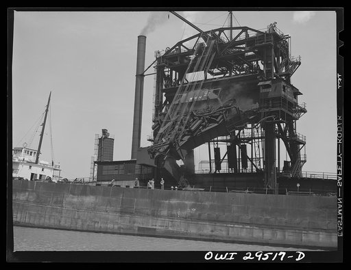 Sandusky, Ohio. Loading coal into a freighter at one of the Pennsylvania Railroad docks