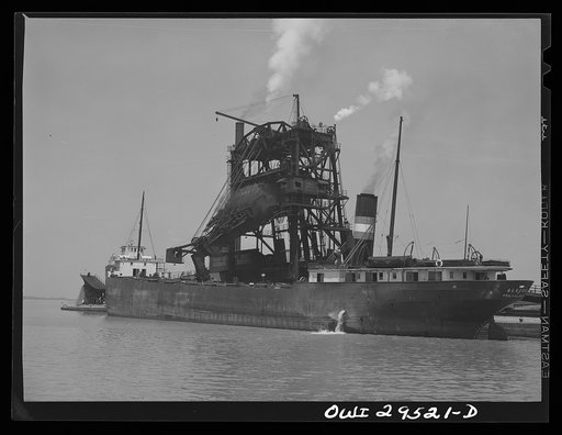 Sandusky, Ohio. Loading coal into a freighter at one of the Pennsylvania Railroad docks
