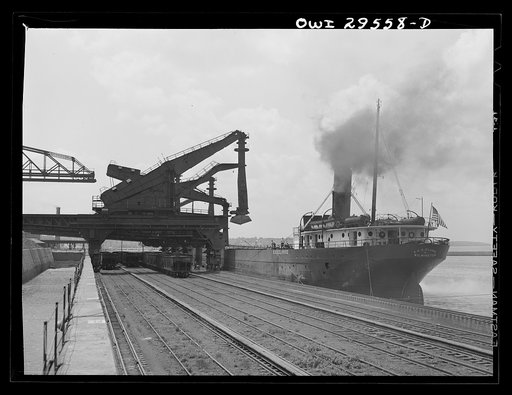 Untitled photo, possibly realated to: Sandusky, Ohio. Loading coal into a lake freighter at the Pennsylvania Railroad Number One dock