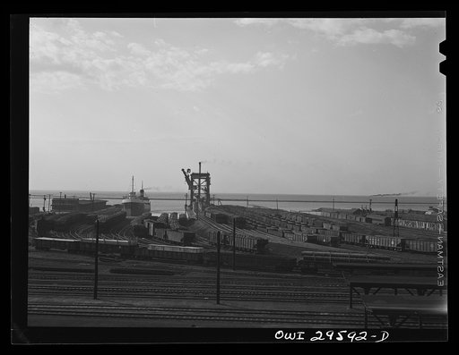 Cleveland, Ohio. Trainloads of coal at the Pennsylvania Railroad docks waiting to be loaded into freighters for shipment to other lake ports