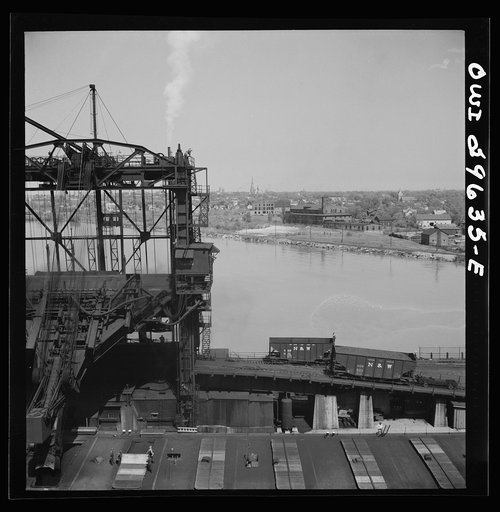 Sandusky, Ohio. Loading coal into a lake freighter at the Pennsylvania Railroad docks
