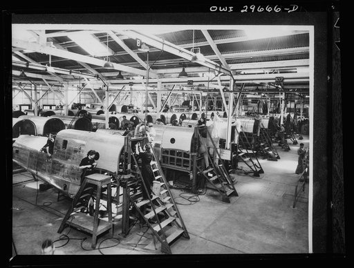 Melbourne, Australia. Beaufort torpedo bomber rear fuselage and tail sub-assembly plant. Assembling rear fuselages. A high percentage of the jigs and tools were imported under the lend lease arrangement