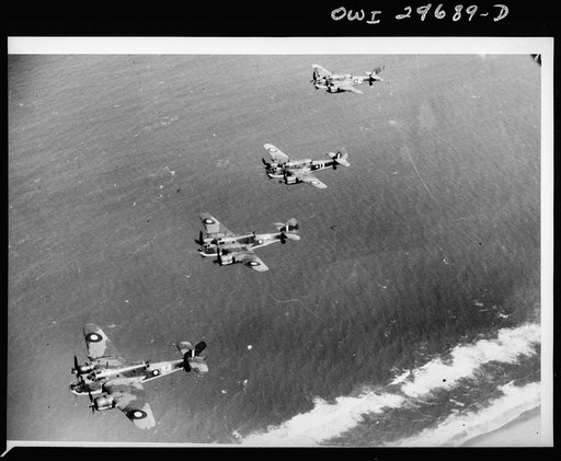 Group of four Beaufort bombers in flight over Australia