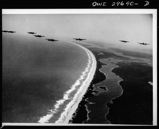 Victoria, Australia. Group of seven Beaufort bombers in flight over the famous ninety mile beach