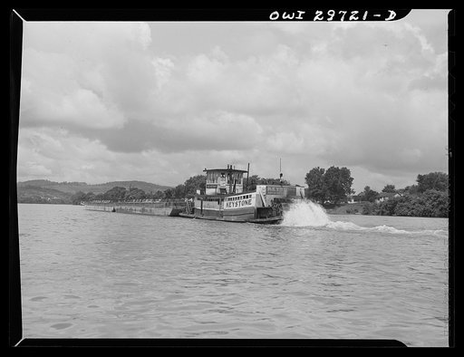 The steamboat Keystone pushing empty barges on the Kanawha River